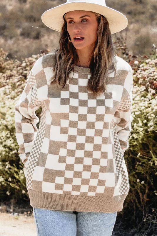 KaleaBoutique Checkered Print Drop Shoulder Round Neck Sweater